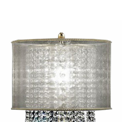 Benjara Table Lamp with Hanging Crystal Droplets And White Drum Shade, Gold