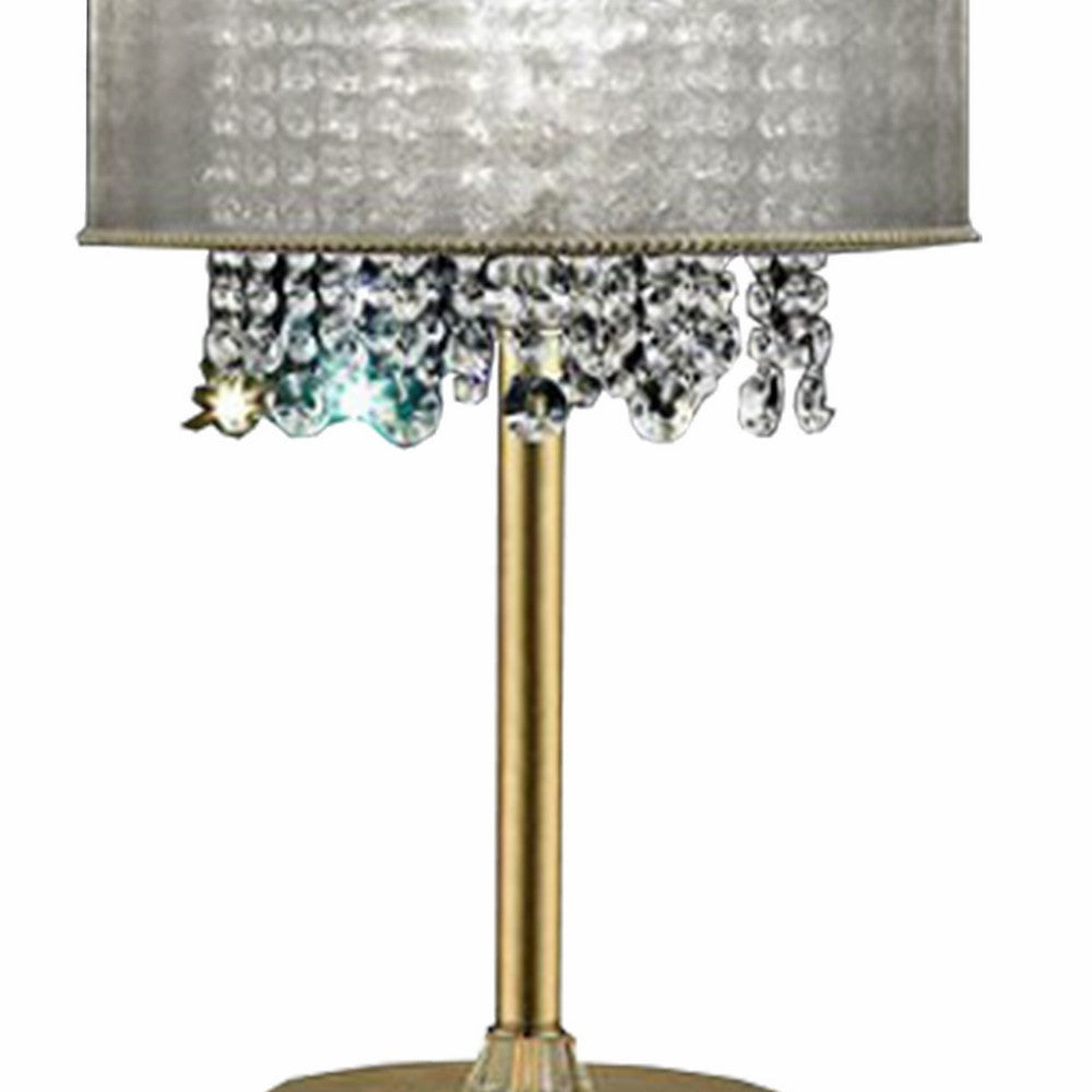 Benjara Table Lamp with Hanging Crystal Droplets And White Drum Shade, Gold