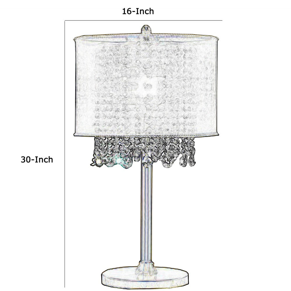 Benjara Table Lamp with Hanging Crystal Droplets And White Drum Shade, Gold