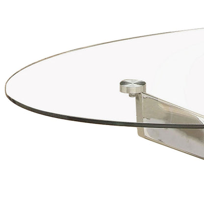 Benjara Oval Shape Glass Top Coffee Table with Criss Cross Base, Silver And Clear