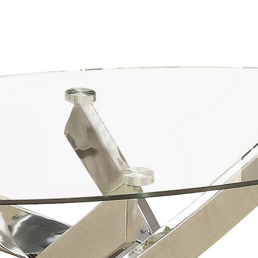Benjara Oval Shape Glass Top Coffee Table with Criss Cross Base, Silver And Clear