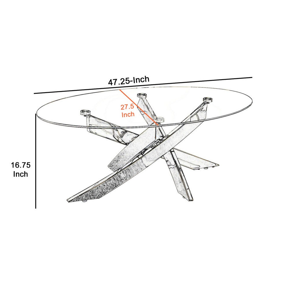 Benjara Oval Shape Glass Top Coffee Table with Criss Cross Base, Silver And Clear