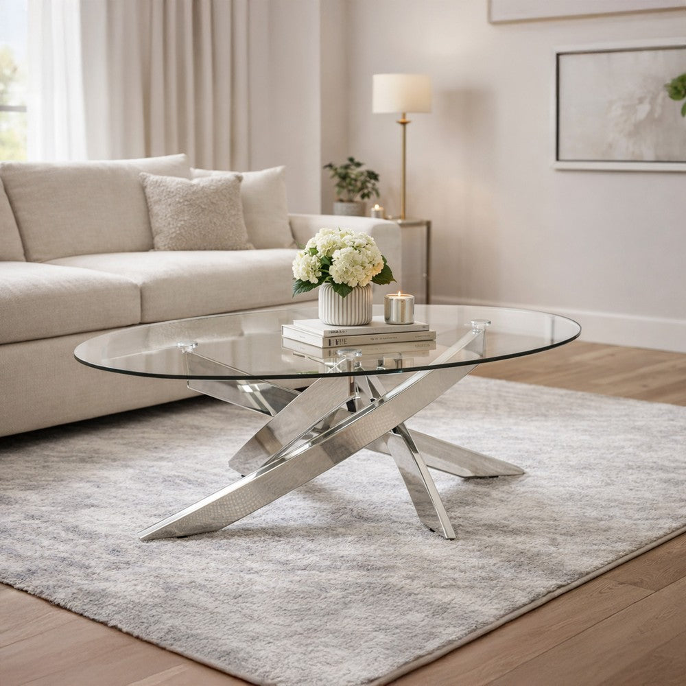 Benjara Oval Shape Glass Top Coffee Table with Criss Cross Base, Silver And Clear