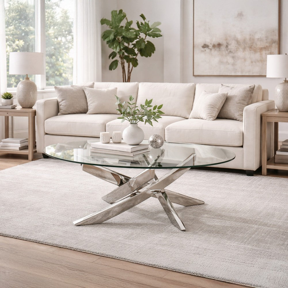 Benjara Oval Shape Glass Top Coffee Table with Criss Cross Base, Silver And Clear