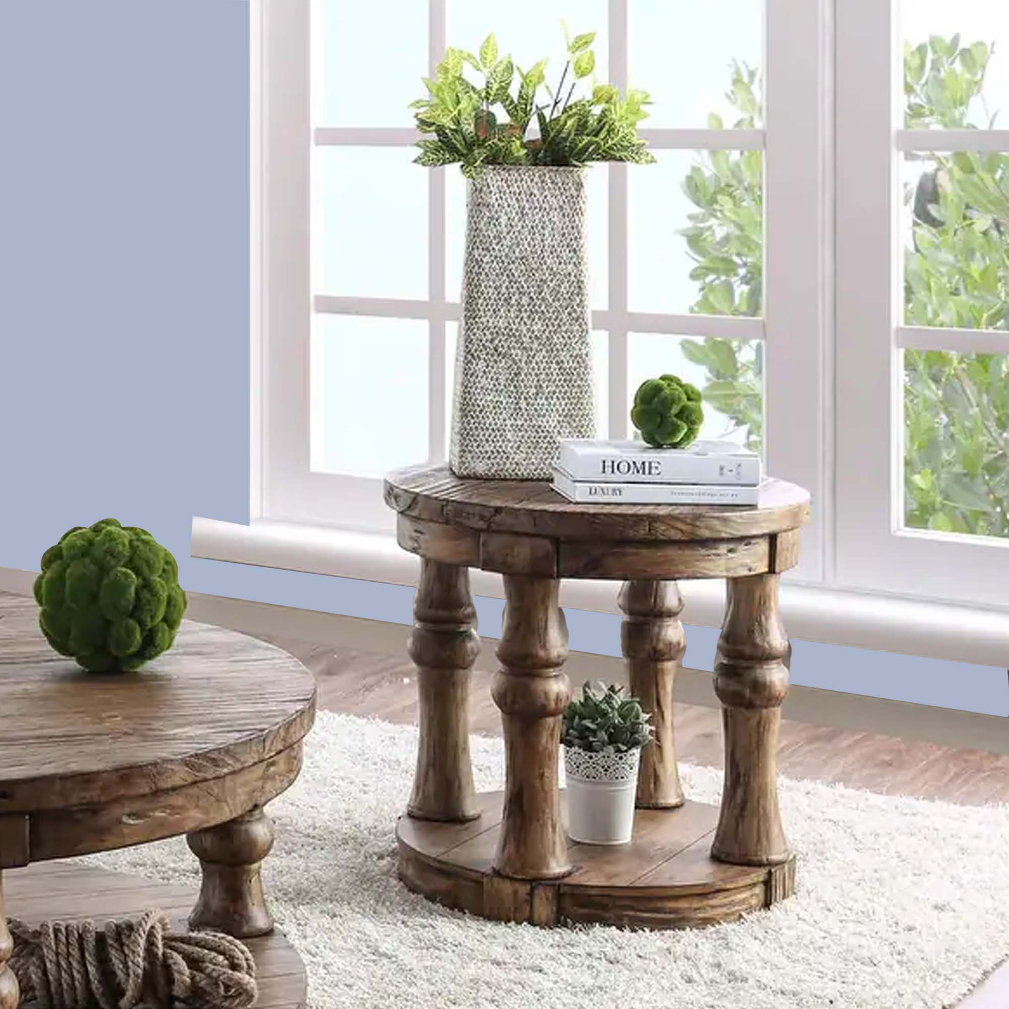 Benjara Transitional Round End Table with Open Shelf And Turned Legs,Antique Oak