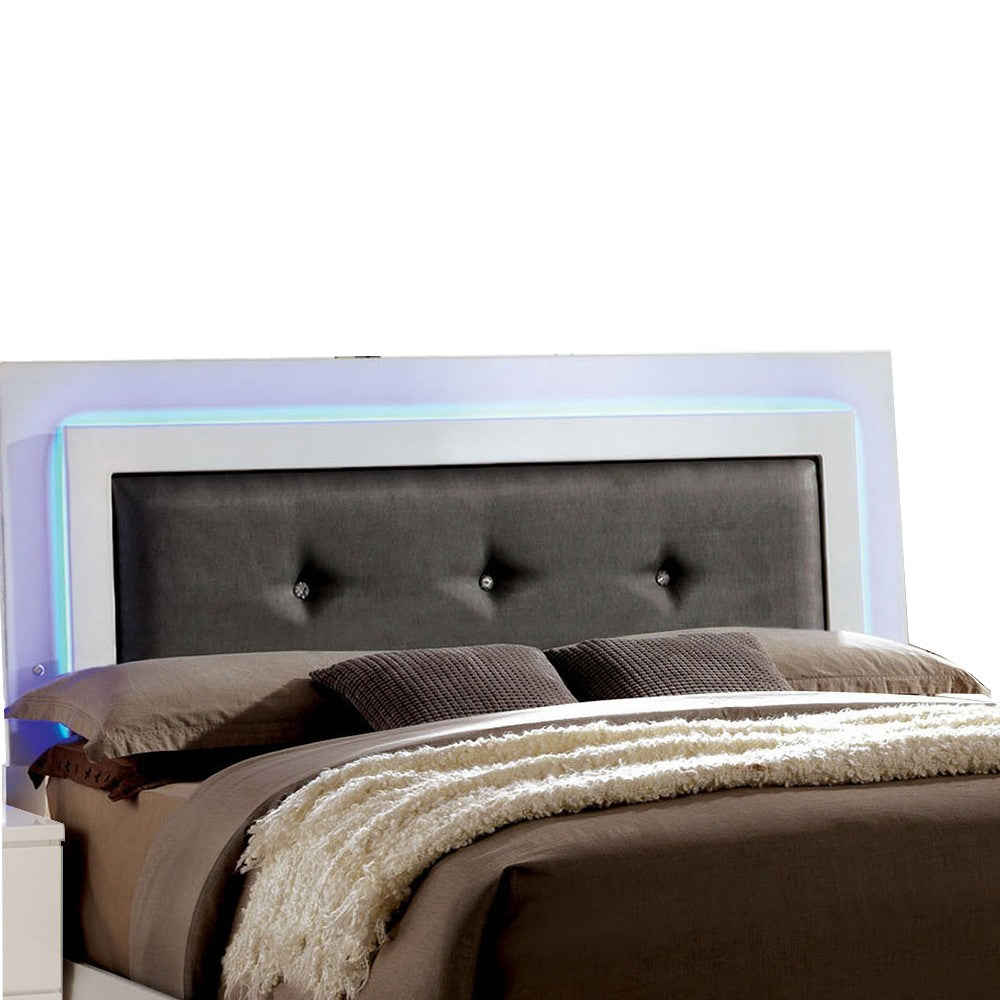 Benjara Contemporary Full Bed with LED Trim And Lacquer Coating, White And Gray