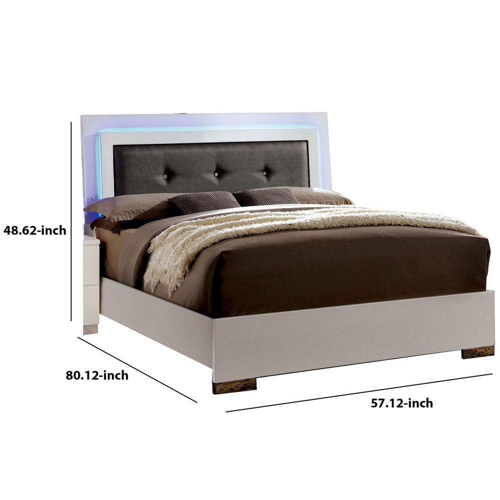 Benjara Contemporary Full Bed with LED Trim And Lacquer Coating, White And Gray