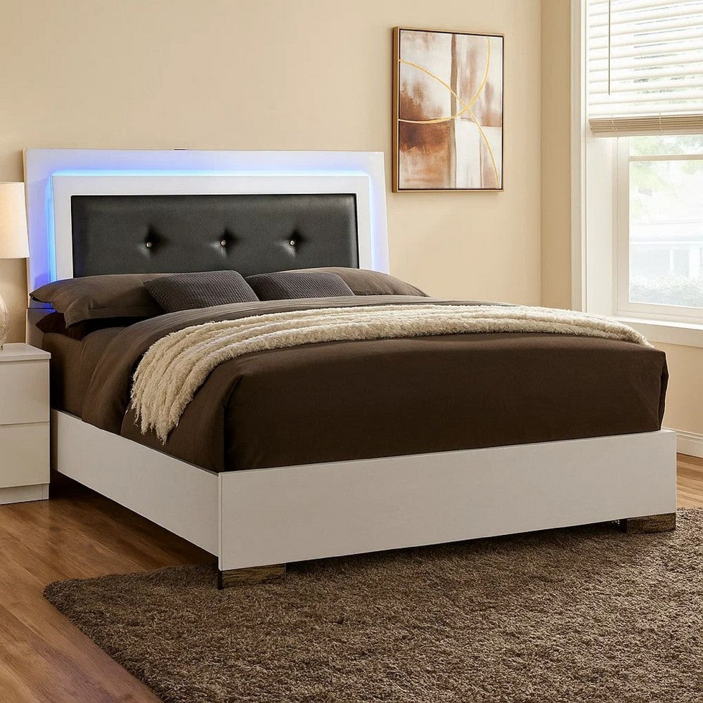 Benjara Contemporary Full Bed with LED Trim And Lacquer Coating, White And Gray