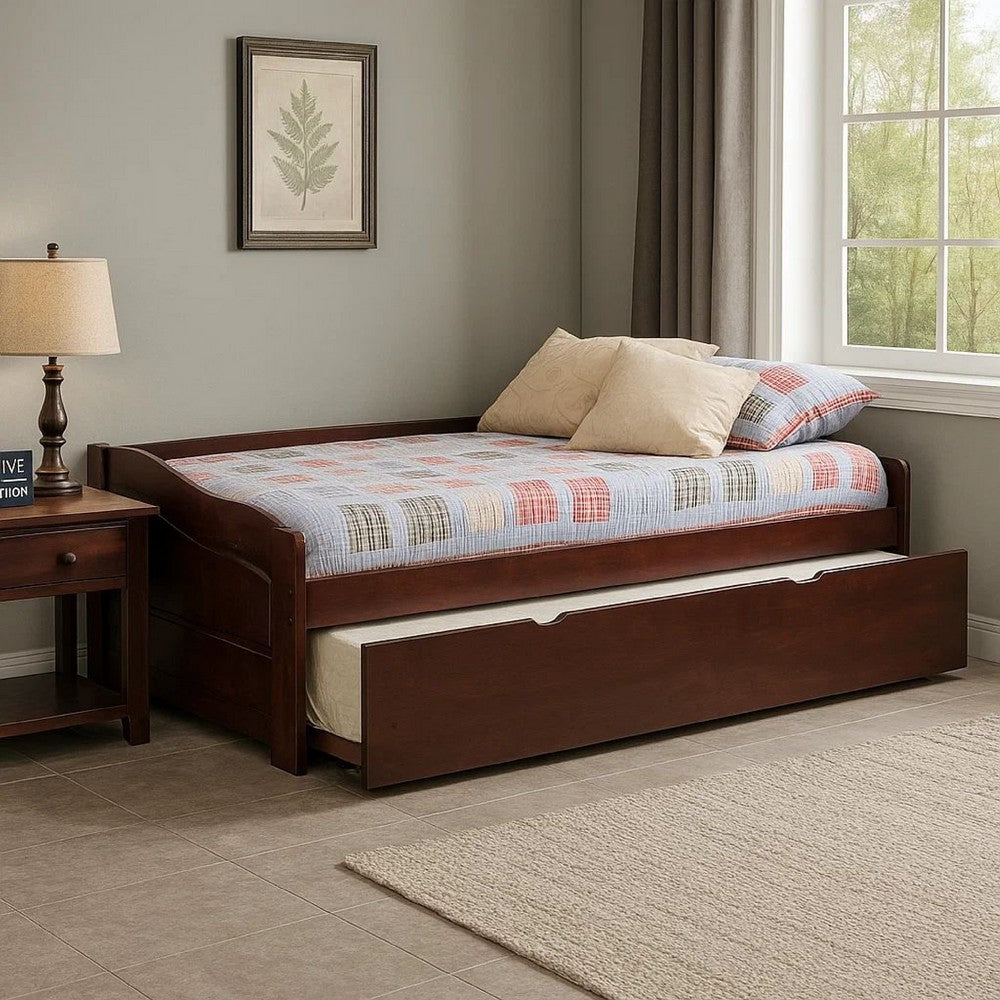 Benjara Transitional Wooden Trundle Bed with Bottom Pull Out Bedding, Brown