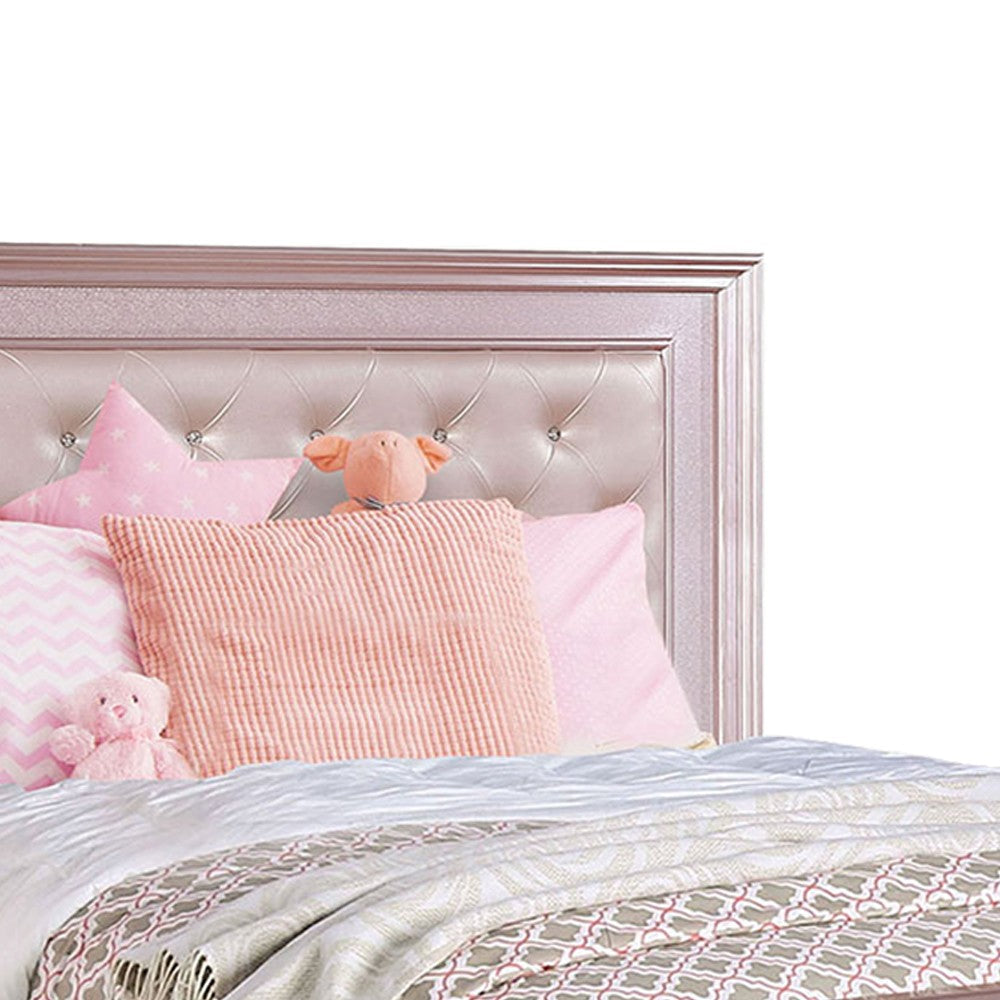 Benjara Contemporary Styled Twin Bed with Padded Button Tufted Headboard, Pink