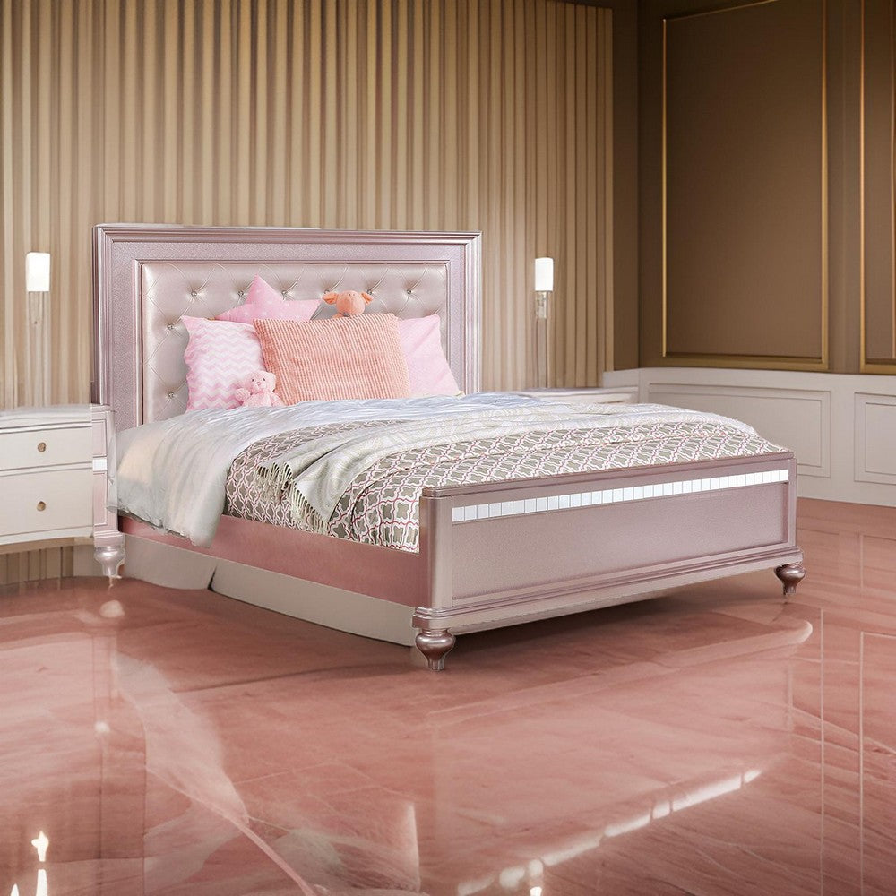 Benjara Contemporary Styled Twin Bed with Padded Button Tufted Headboard, Pink