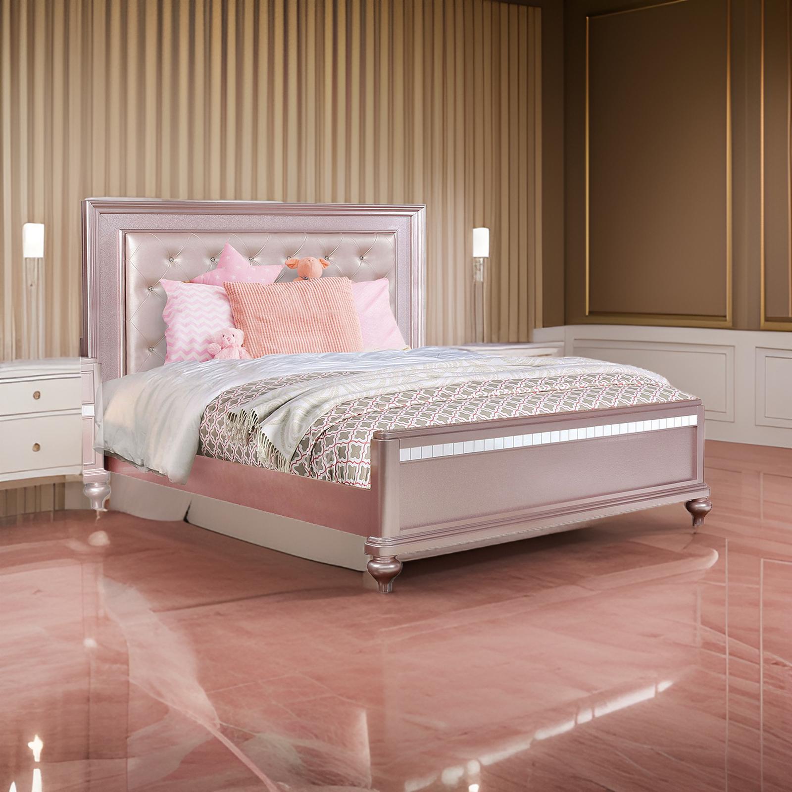 Benjara Contemporary Styled Twin Bed with Padded Button Tufted Headboard, Pink