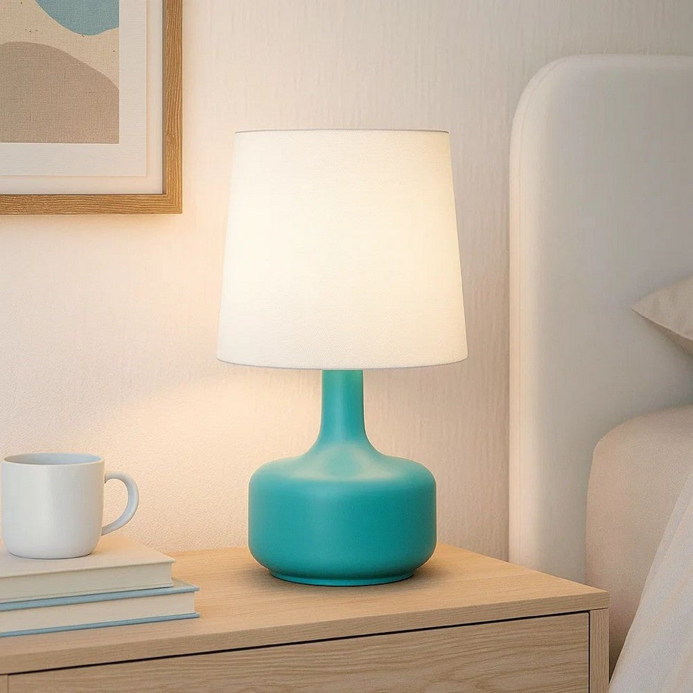 Benjara Metal Pot Belly Base Table Lamp with 3 Way Touch Light, White And Sky Blue