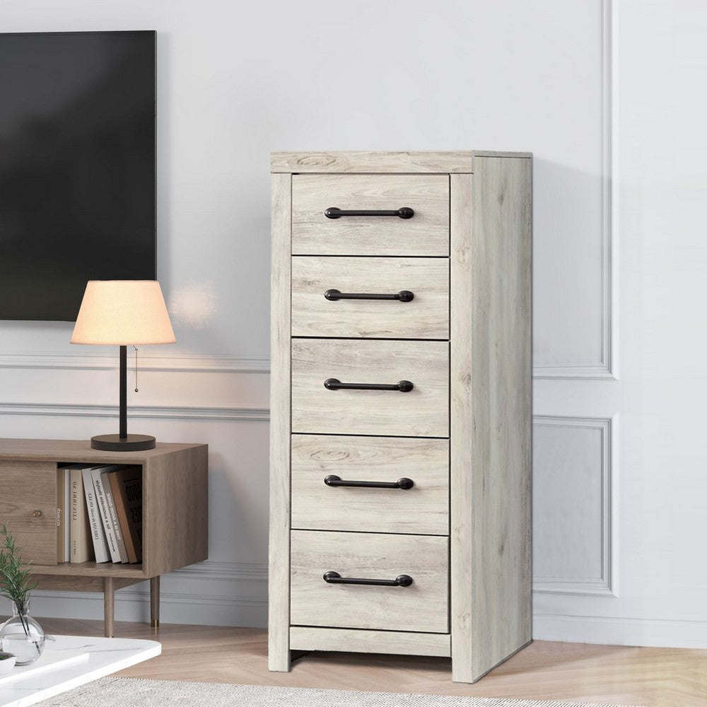 Benjara Grained 5 Drawer Wooden Chest with Bar Pull Handles, Distressed White