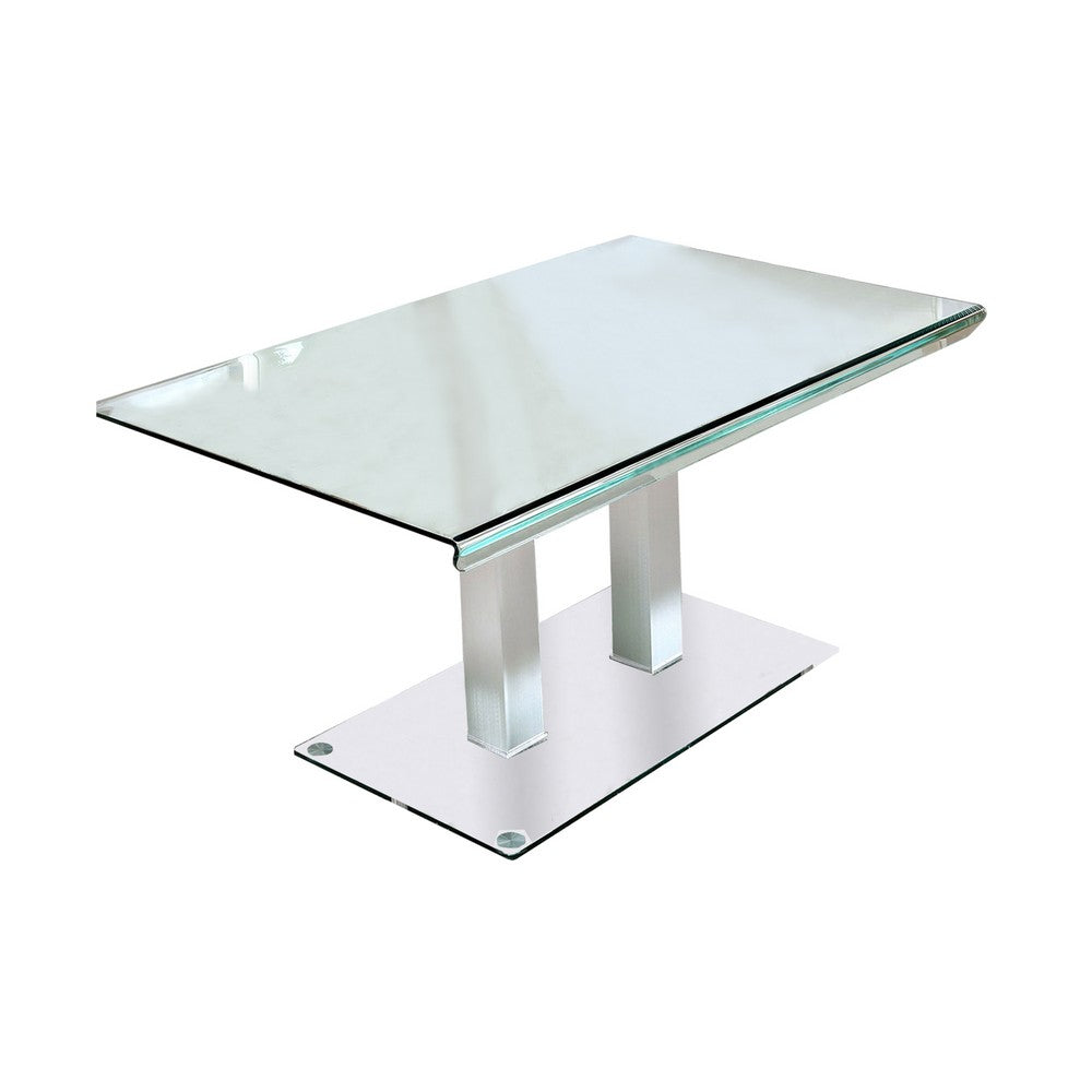Benjara Metal And Glass Dining Table with Dual Post Pedestal base, Chrome