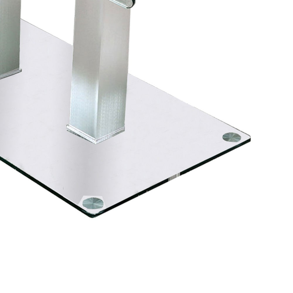 Benjara Metal And Glass Dining Table with Dual Post Pedestal base, Chrome