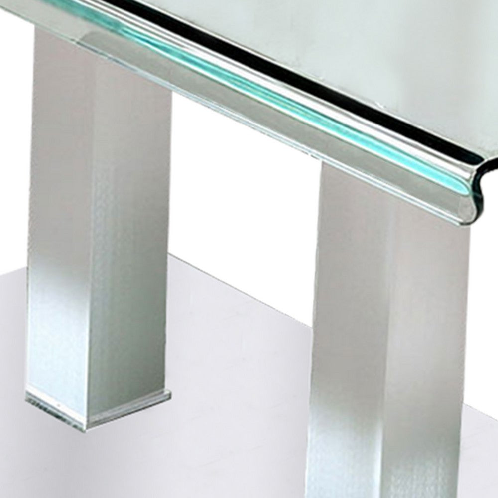 Benjara Metal And Glass Dining Table with Dual Post Pedestal base, Chrome
