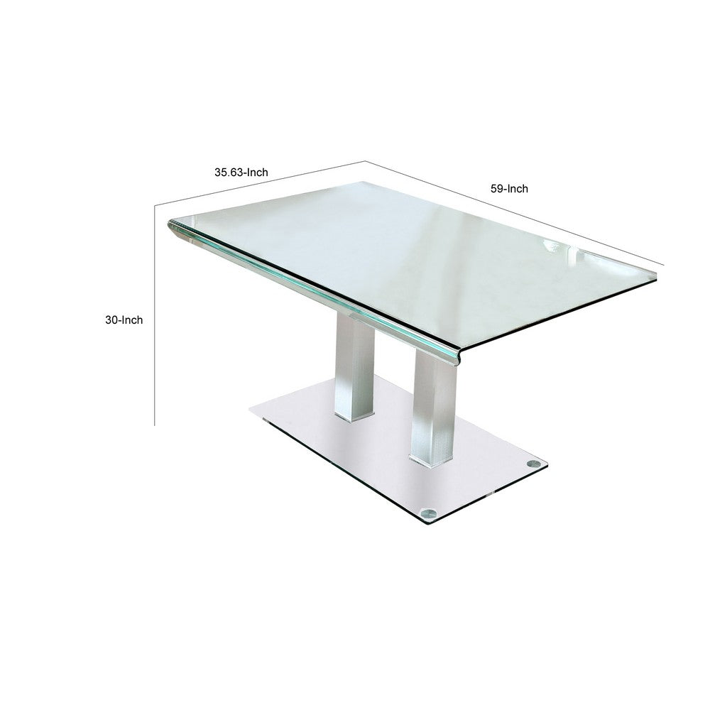 Benjara Metal And Glass Dining Table with Dual Post Pedestal base, Chrome