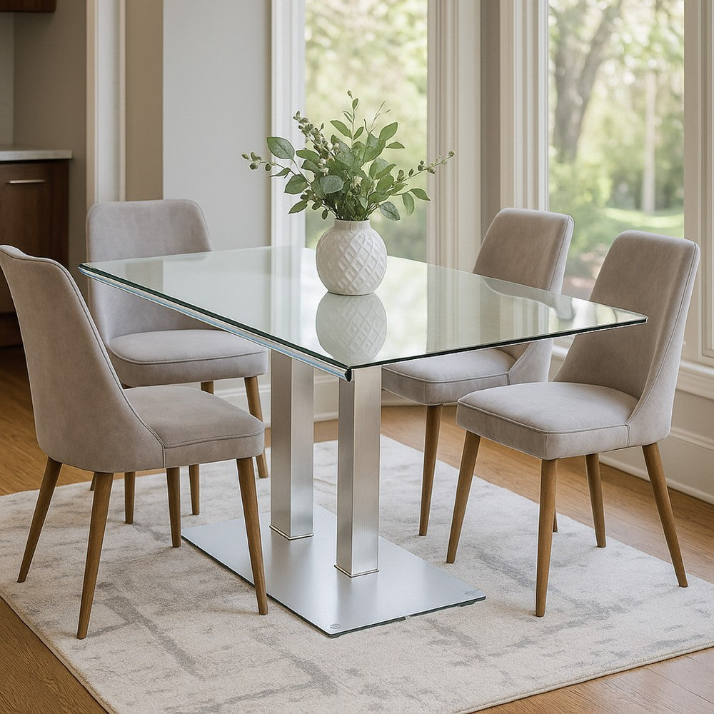 Benjara Metal And Glass Dining Table with Dual Post Pedestal base, Chrome