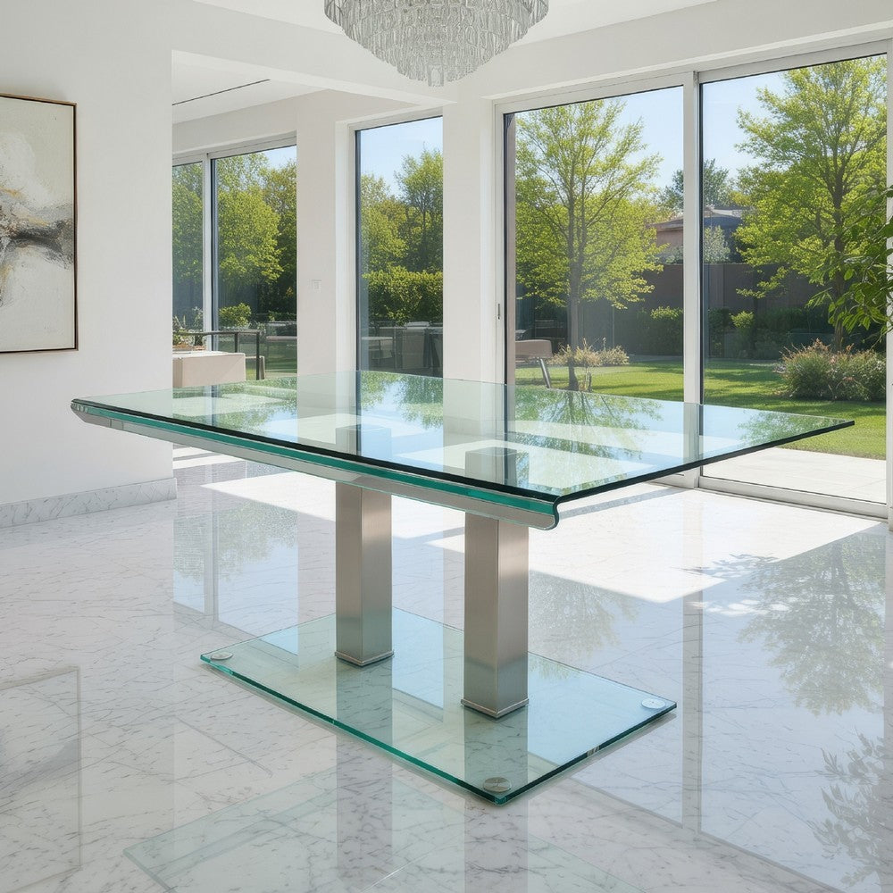 Benjara Metal And Glass Dining Table with Dual Post Pedestal base, Chrome