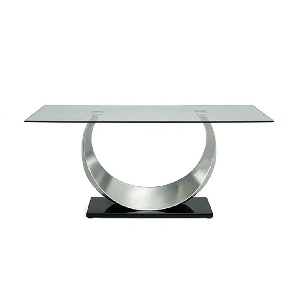 Benjara Metal And Glass Dining Table with Unique U Shape Pedestal Base, Chrome And Black