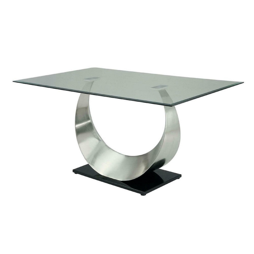Benjara Metal And Glass Dining Table with Unique U Shape Pedestal Base, Chrome And Black
