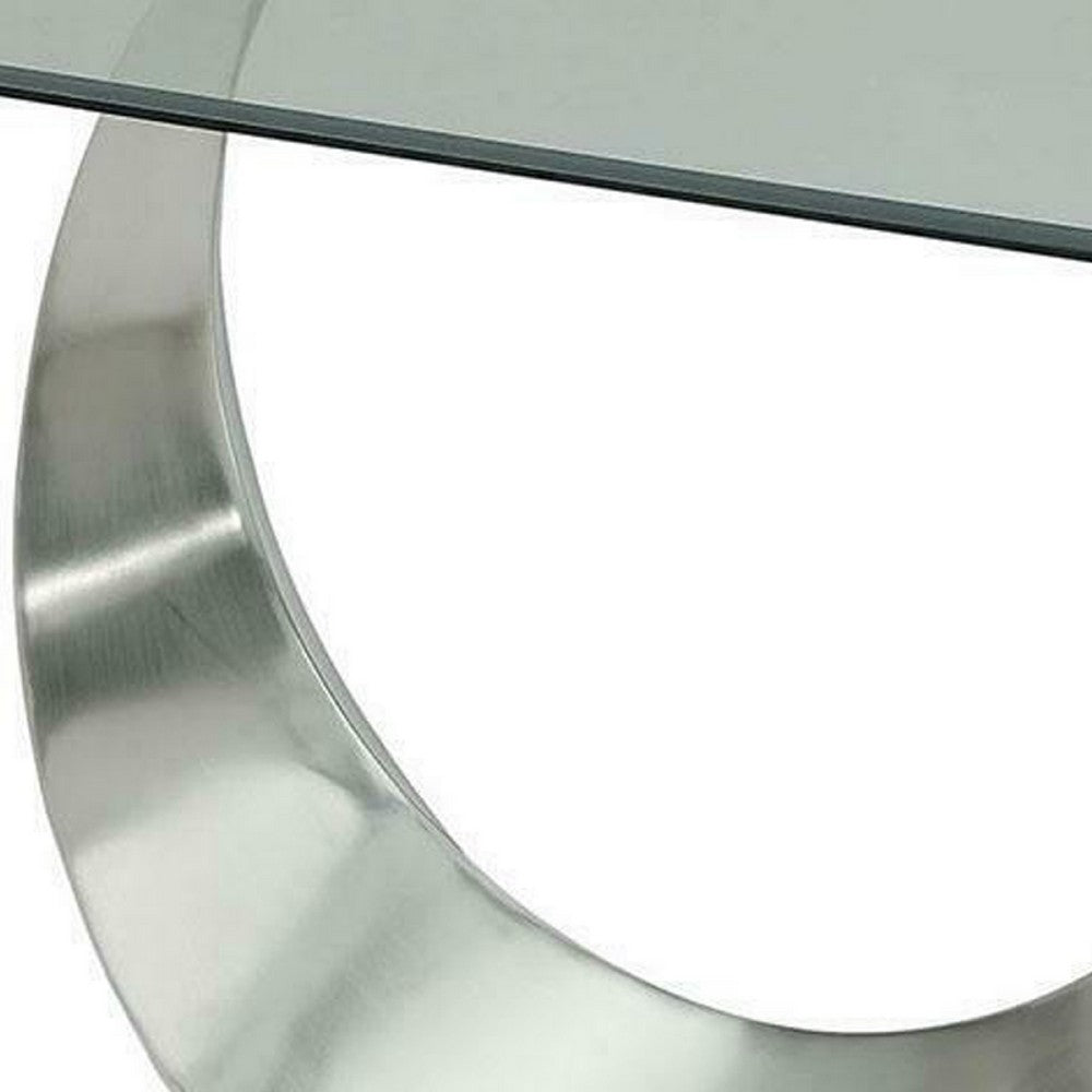 Benjara Metal And Glass Dining Table with Unique U Shape Pedestal Base, Chrome And Black
