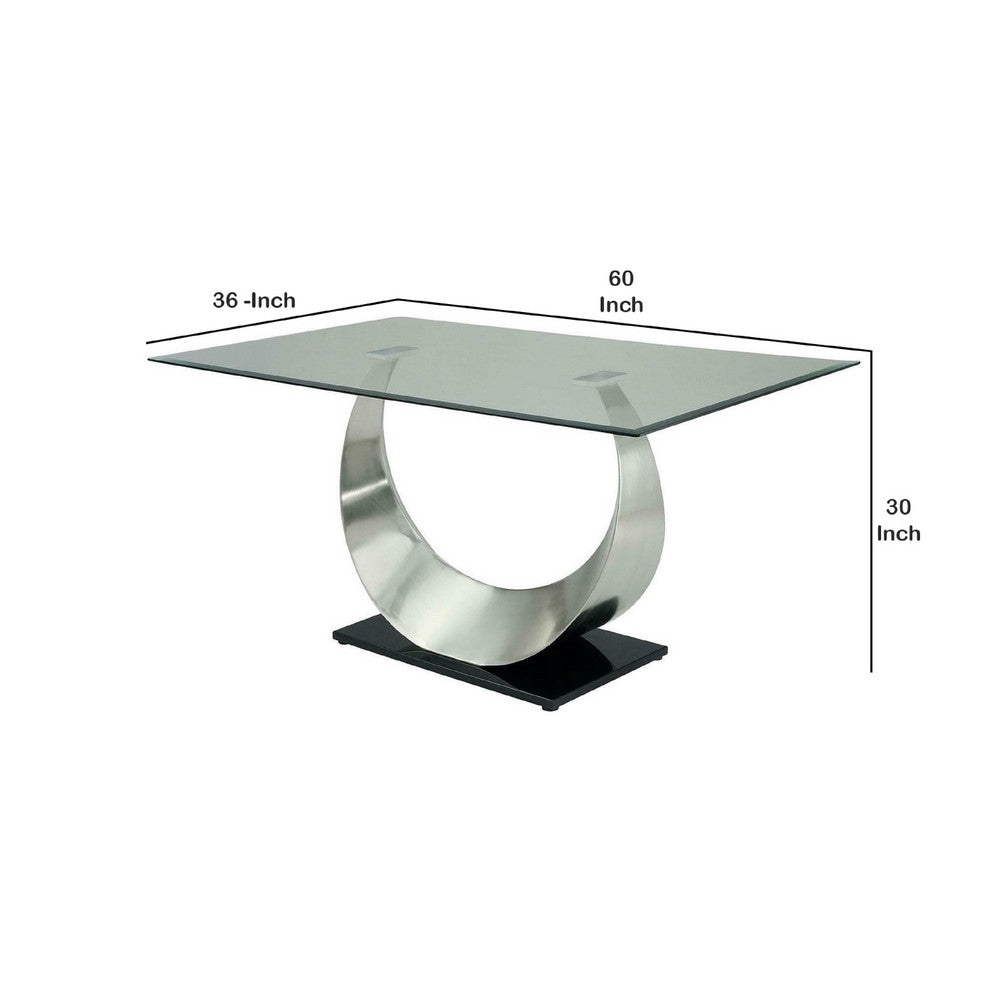 Benjara Metal And Glass Dining Table with Unique U Shape Pedestal Base, Chrome And Black