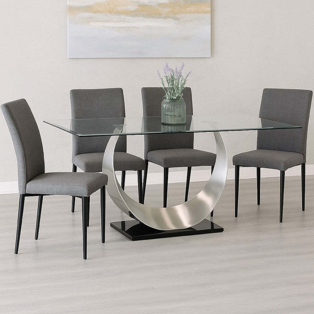 Benjara Metal And Glass Dining Table with Unique U Shape Pedestal Base, Chrome And Black
