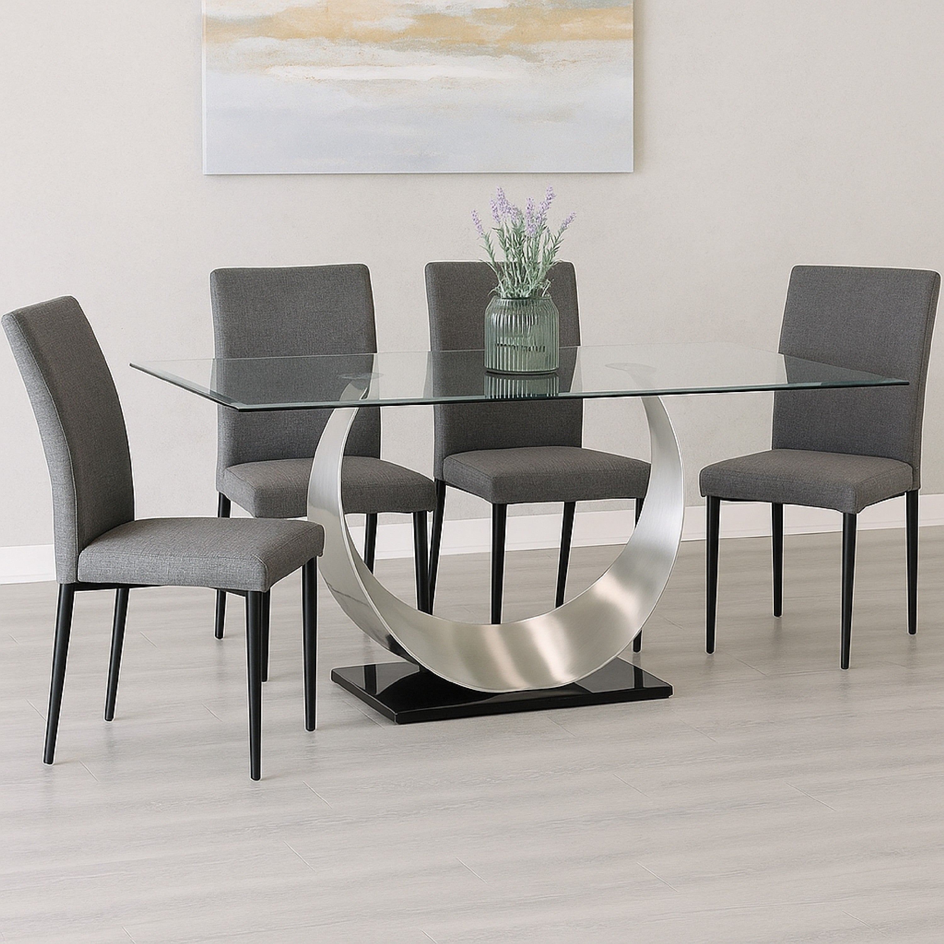Benjara Metal And Glass Dining Table with Unique U Shape Pedestal Base, Chrome And Black