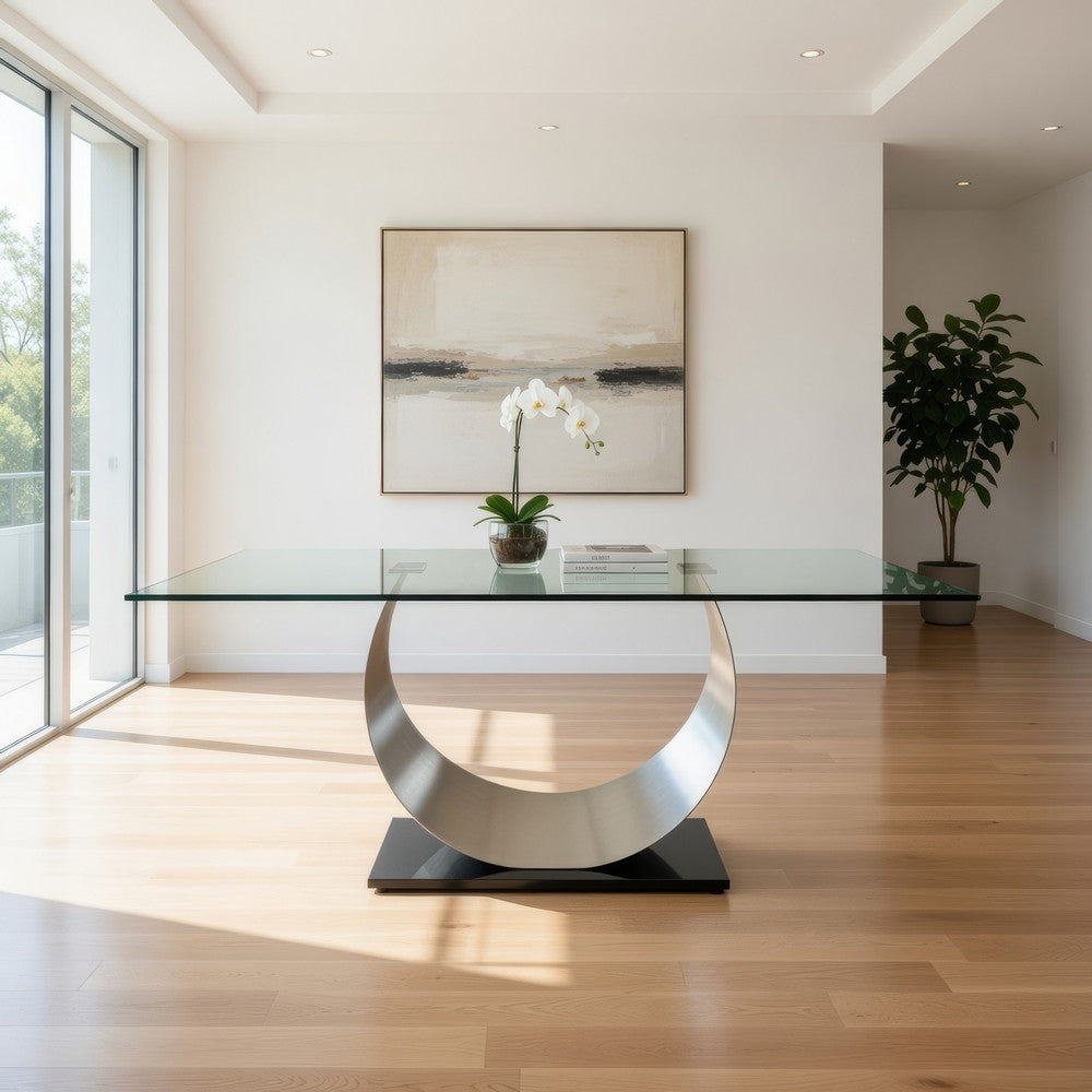 Benjara Metal And Glass Dining Table with Unique U Shape Pedestal Base, Chrome And Black