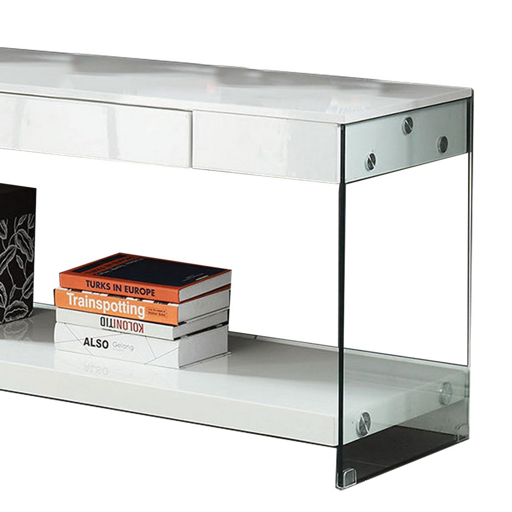 Benjara Wood And Glass TV Stand with Two Drawers, White