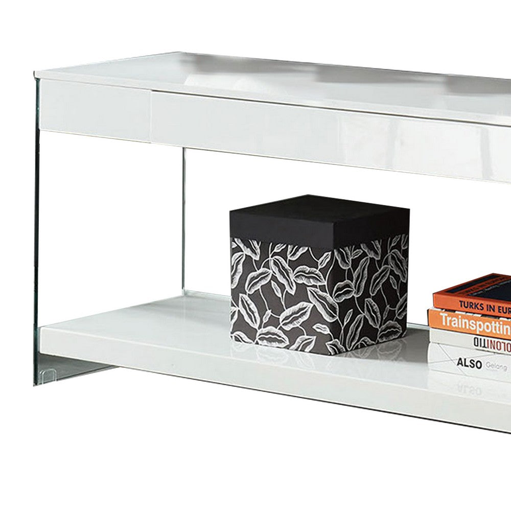 Benjara Wood And Glass TV Stand with Two Drawers, White
