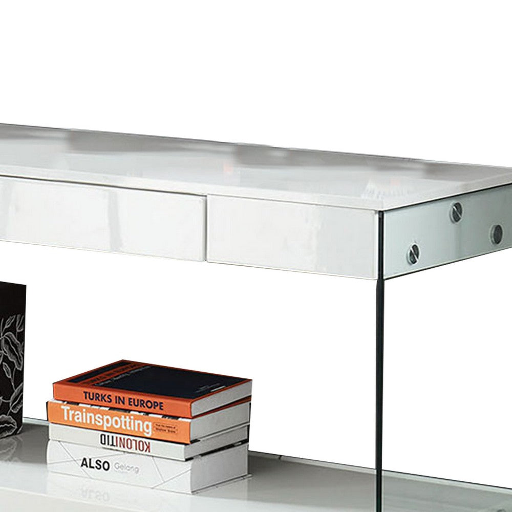 Benjara Wood And Glass TV Stand with Two Drawers, White
