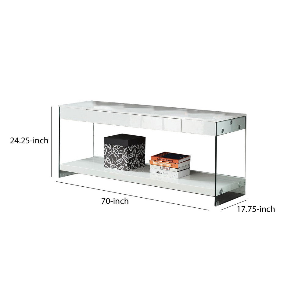 Benjara Wood And Glass TV Stand with Two Drawers, White