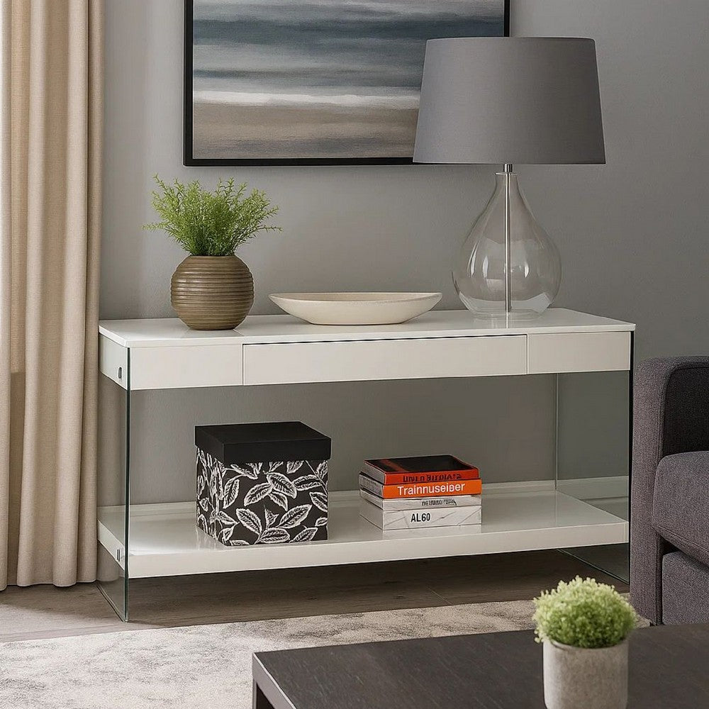 Benjara Wood And Glass TV Stand with Two Drawers, White