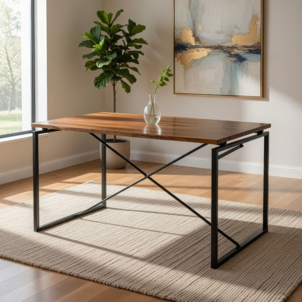 Benjara Rectangular Wooden Dining Table with X Shape Metal Base, Black And Brown
