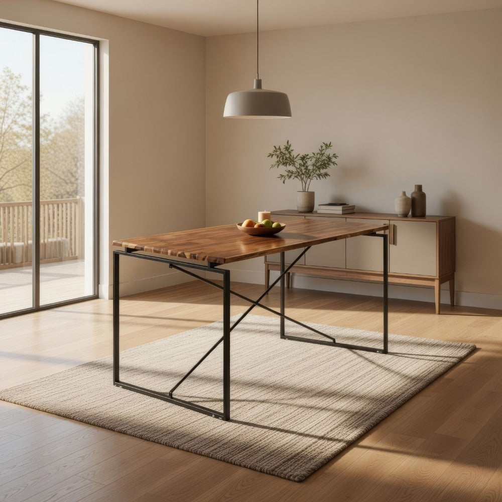 Benjara Rectangular Wooden Dining Table with X Shape Metal Base, Black And Brown