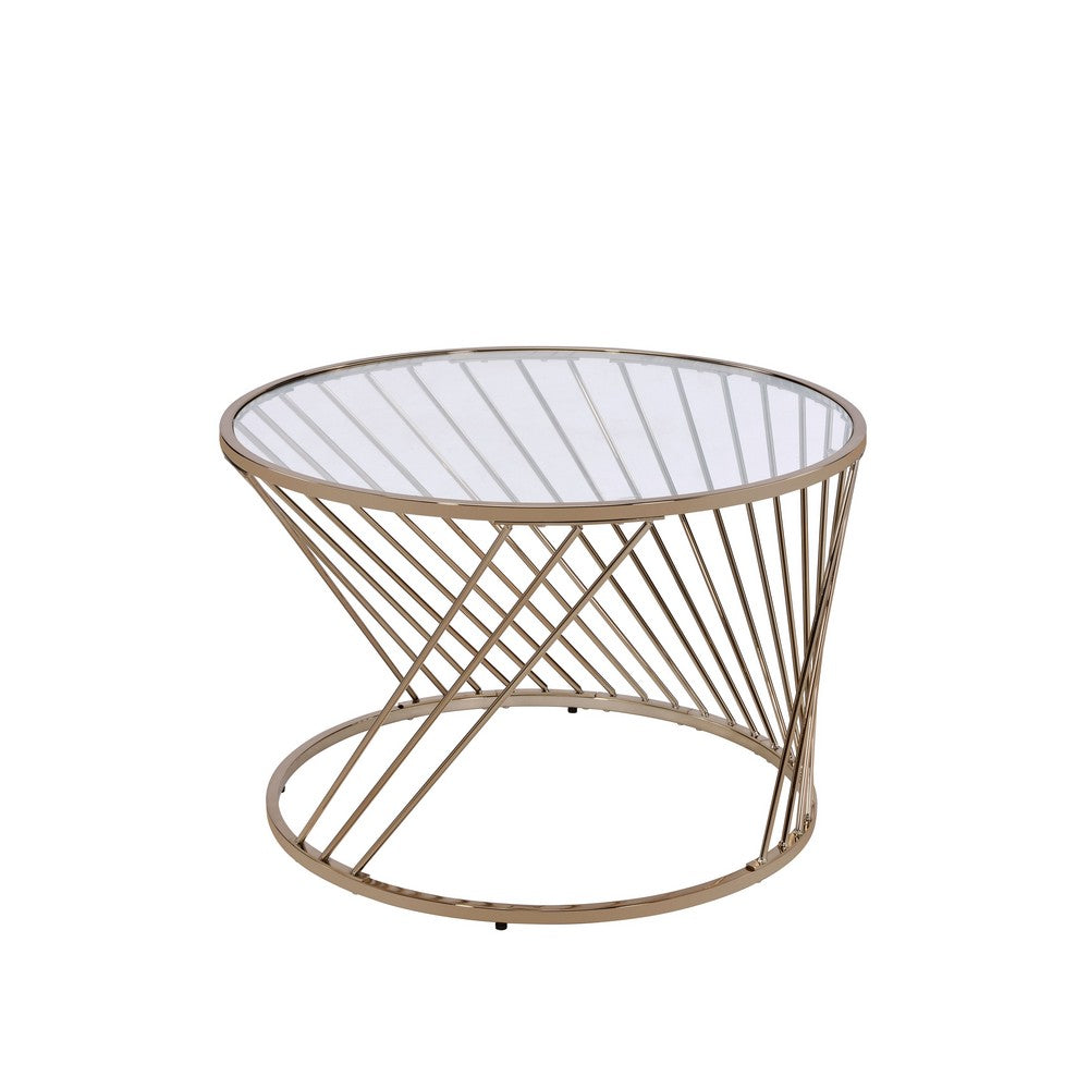 Benjara Contemporary Coffee Table with Twisted Metal Base And Round Glass Top, Gold