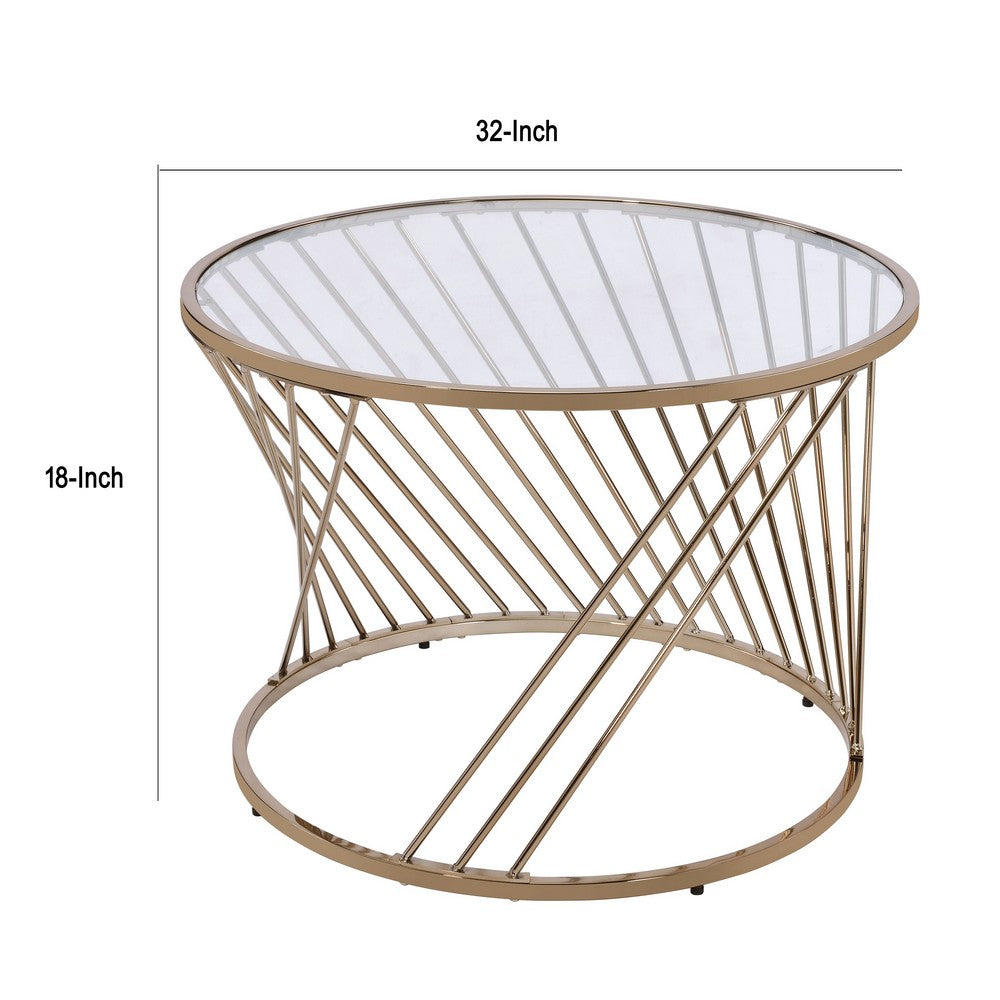 Benjara Contemporary Coffee Table with Twisted Metal Base And Round Glass Top, Gold