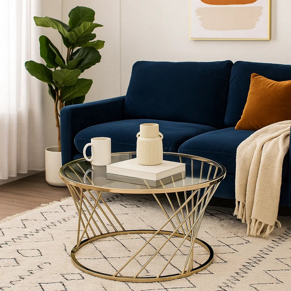 Benjara Contemporary Coffee Table with Twisted Metal Base And Round Glass Top, Gold