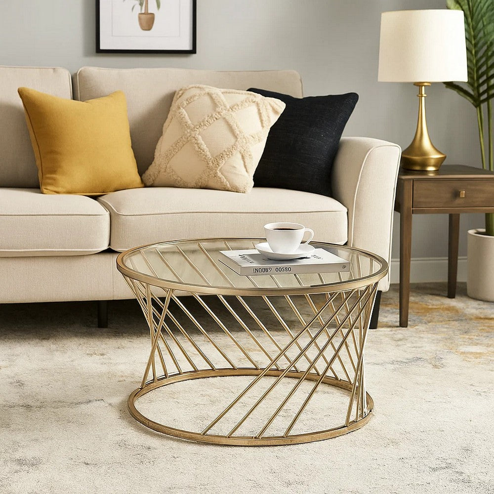 Benjara Contemporary Coffee Table with Twisted Metal Base And Round Glass Top, Gold