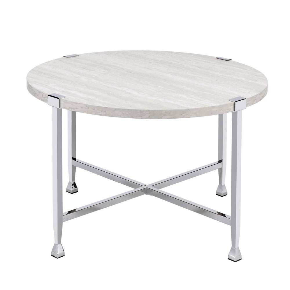Benjara Coffee Table with X Shaped Metal Base And Round Wooden Top,Silver And Beige