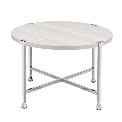 Benjara Coffee Table with X Shaped Metal Base And Round Wooden Top,Silver And Beige