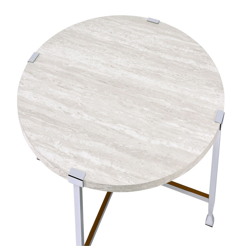 Benjara Coffee Table with X Shaped Metal Base And Round Wooden Top,Silver And Beige
