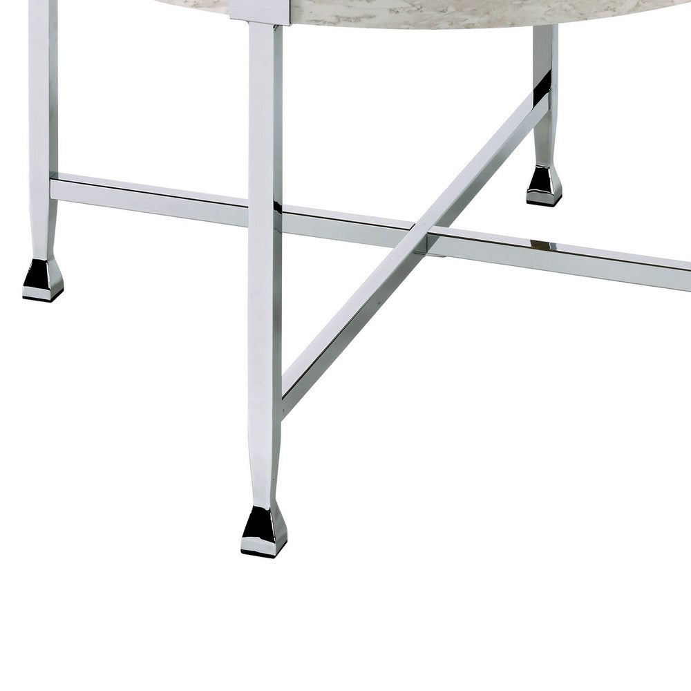 Benjara Coffee Table with X Shaped Metal Base And Round Wooden Top,Silver And Beige