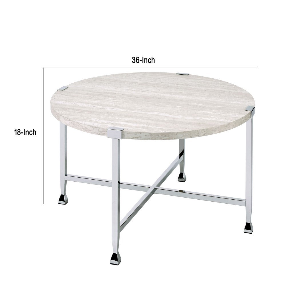 Benjara Coffee Table with X Shaped Metal Base And Round Wooden Top,Silver And Beige