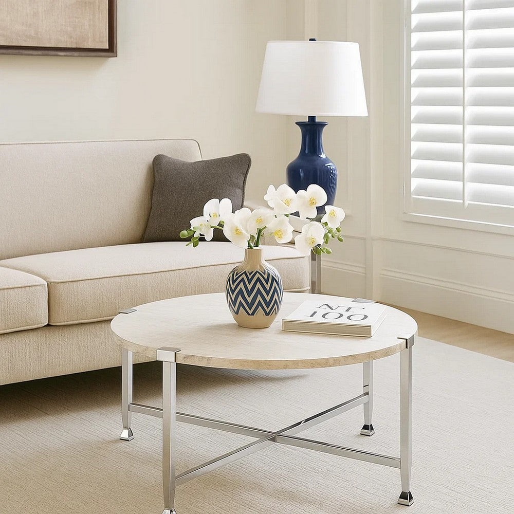 Benjara Coffee Table with X Shaped Metal Base And Round Wooden Top,Silver And Beige