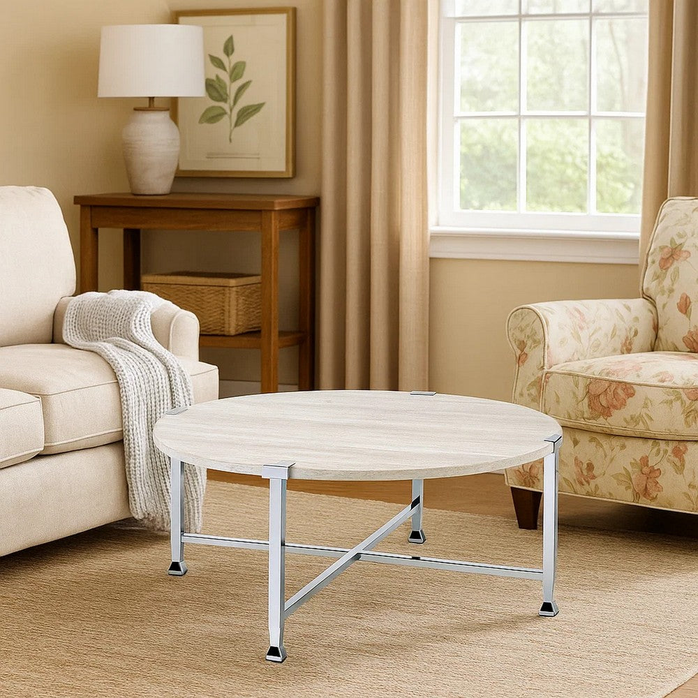 Benjara Coffee Table with X Shaped Metal Base And Round Wooden Top,Silver And Beige