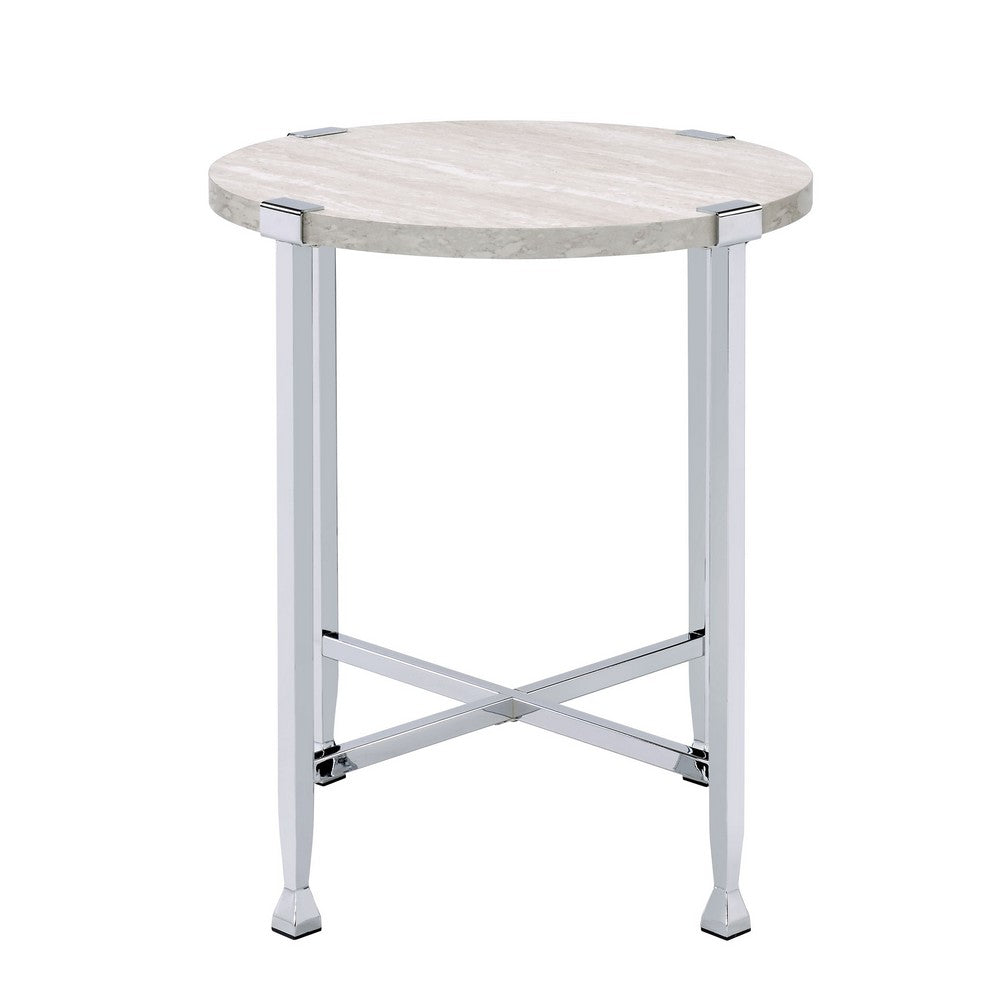 Benjara End Table with X Shaped Metal Base And Round Wooden Top,Silver And Beige